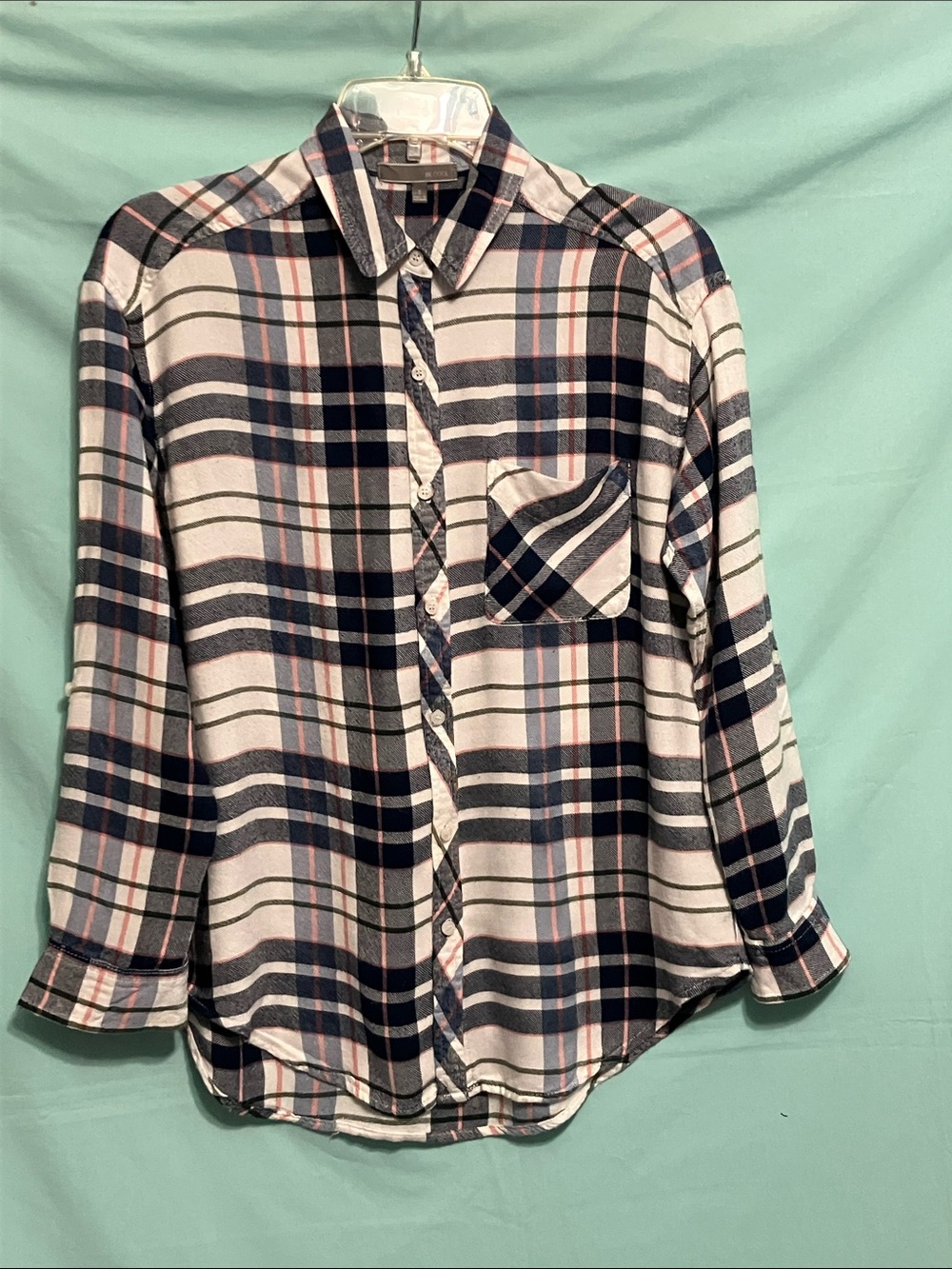 BE COOL Navy, White & Pink Plaid Button-Up Top